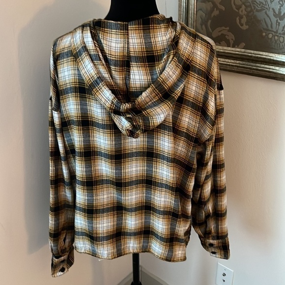 Urban Outfitters mustard black Alex plaid flannel hoodie long sleeves top - Picture 5 of 13